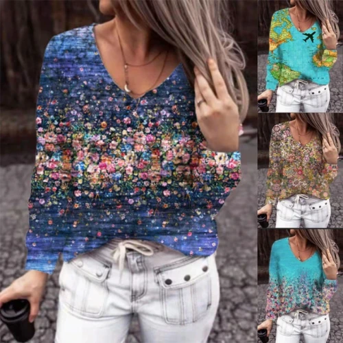 New Women's Top 2021 Autumn Winter Print Floral Long Sleeve T-shirt Fashion Casual V Neck Loose Ladies Tops Oversized  XS-5Xl