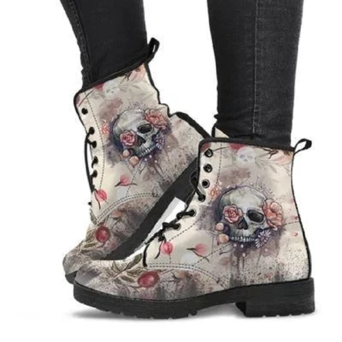 Digital Print Autumn Lady High Top Skull Pattern  Boot 2021 British PU Women's Fashion Work Boots