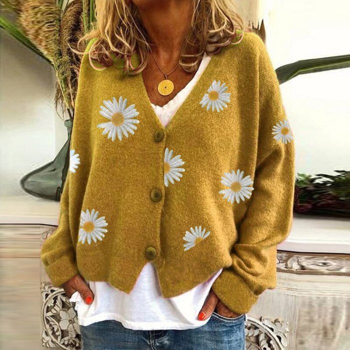 Women Sweater Cardigan Flower Print V Neck Long Sleeve Button Coat Women Knitted Cardigan Female Spring  Autumn Short Top