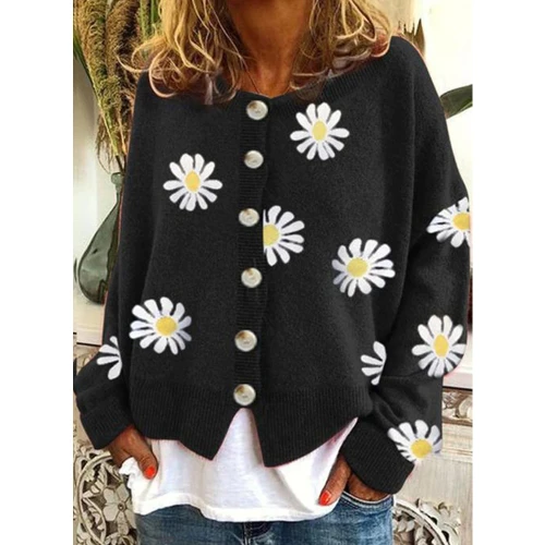 Women’s Sweaters Round Neckline Cardigans Daisy Floral Casual Female Pullover Clothing Loose Knitted Winter Streetwear Jacket