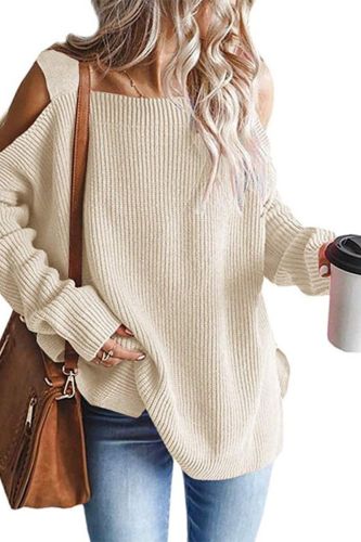 Womens Cold Shoulder Oversized Sweaters Batwing Long Sleeve Chunky Knitted Winter Tunic Tops