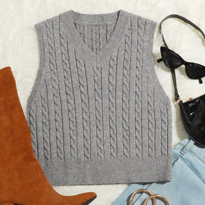 Autumn Ladies V Neck Sweater Vest Women Sleeveless Plaid Knitted Crop Sweaters Casual Female Sweater