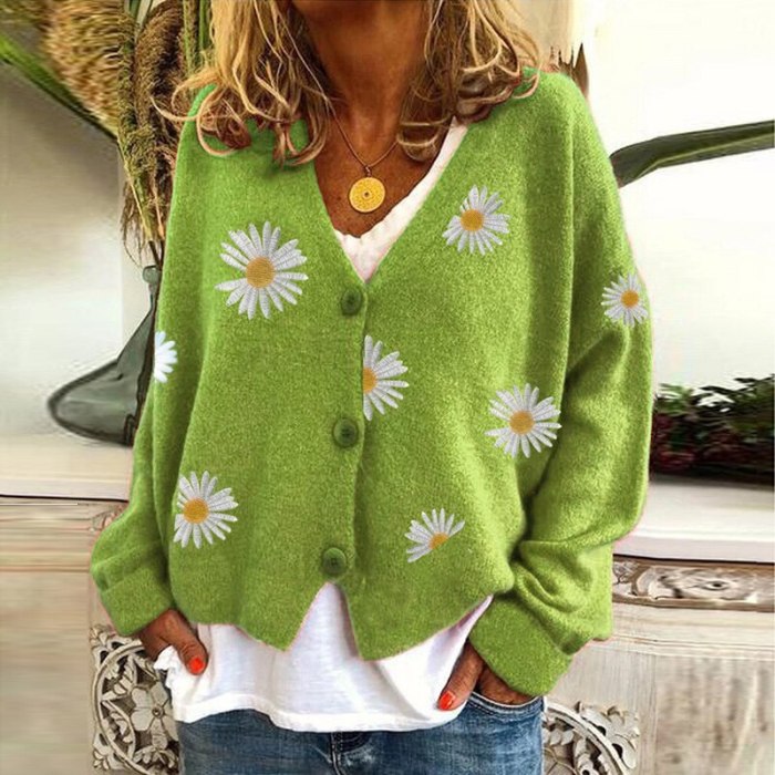 Women Sweater Cardigan Flower Print V Neck Long Sleeve Button Coat Women Knitted Cardigan Female Spring  Autumn Short Top