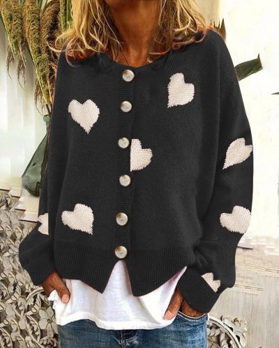 2021 Sweater Cardigan Coats Women Retro Vintage Knit Long Sleeve Single-breasted Hearts Print Sweater Cardigan Coats Plus Size