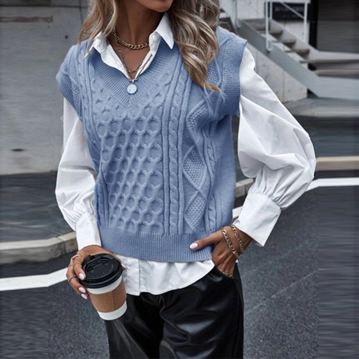 Women Solid Korean Style Knitted V-Neck All-match Sweater Vest