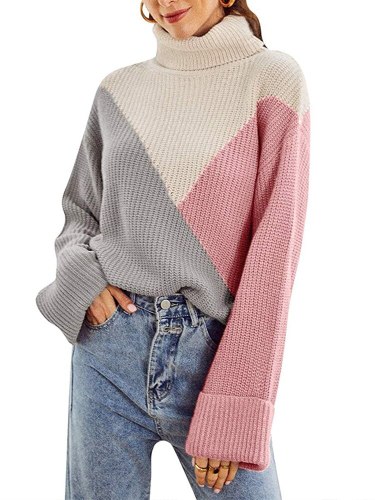 Knitted Ribbed Turtleneck Women's Sweaters Long Sleeve Patchwork Panelled Pullover For Women Autumn Winter Casual Ladies Sweater