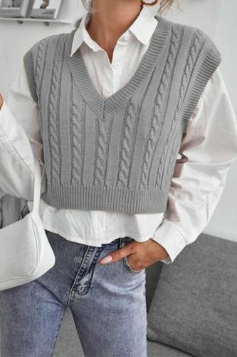 Autumn Ladies V Neck Sweater Vest Women Sleeveless Plaid Knitted Crop Sweaters Casual Female Sweater