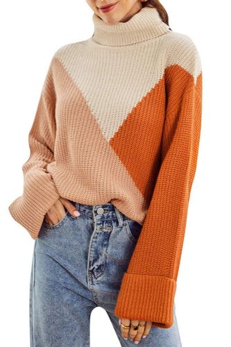 Knitted Ribbed Turtleneck Women's Sweaters Long Sleeve Patchwork Panelled Pullover For Women Autumn Winter Casual Ladies Sweater