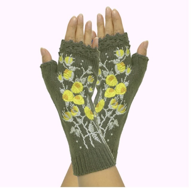 Deep Gray Casual Cotton-Blend Floral Gloves & Mittens