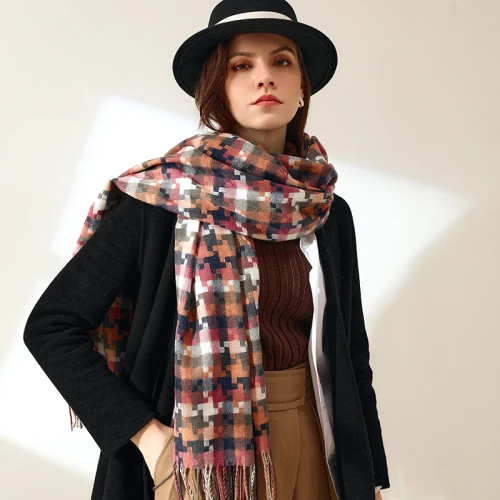 2021 New Check Scarf Female Winter Long Tassel Shawls Fashion Street Imitation Cashmere Warm Scarf women