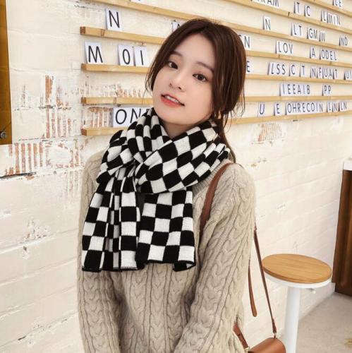 Anime Checkered Black White Plain Pattern Party Cosplay Knitted Winter Scarf Women Neckerchief Scarf Female Unique Scarves Wraps