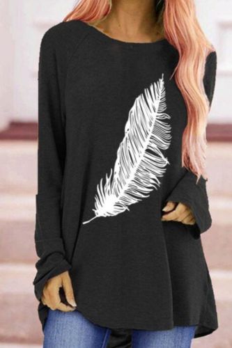Women's Casual Fashion Oversize White Feather Print Loose O-Neck Long Sleeve Tops Ladies Multicolor Simple Design Clothes