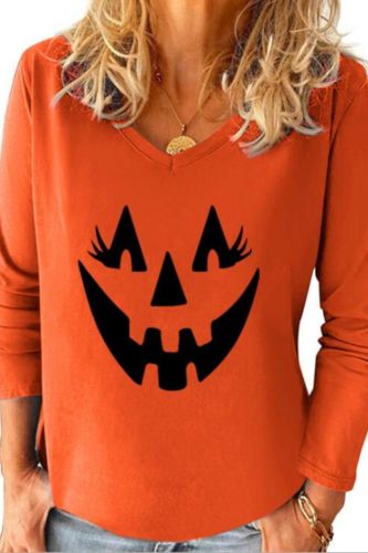 Halloween Pumpkin Print Blouses And Shirts Casual Plus Size Women Clothing V-neck Long Sleeve Shirts For Women