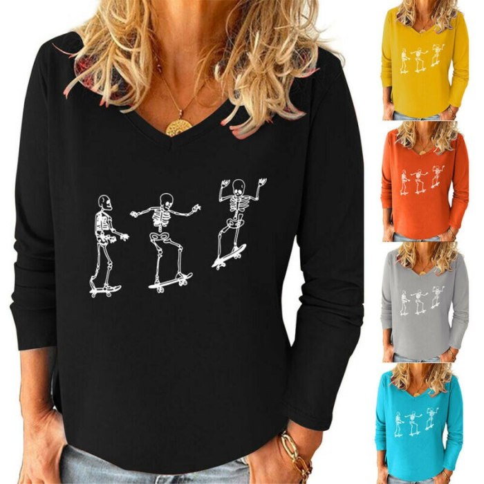 Women T-Shirt V-neck Skateboard Printed Style Long Sleeve Woman T-shirts Halloween Skull Tops