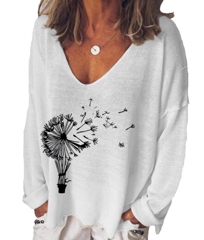 Women T-Shirt Dandelion Printing Summer Autumn Long Sleeve V-neck Casual Plus Size T-shirt Elegant Pullover Tops
