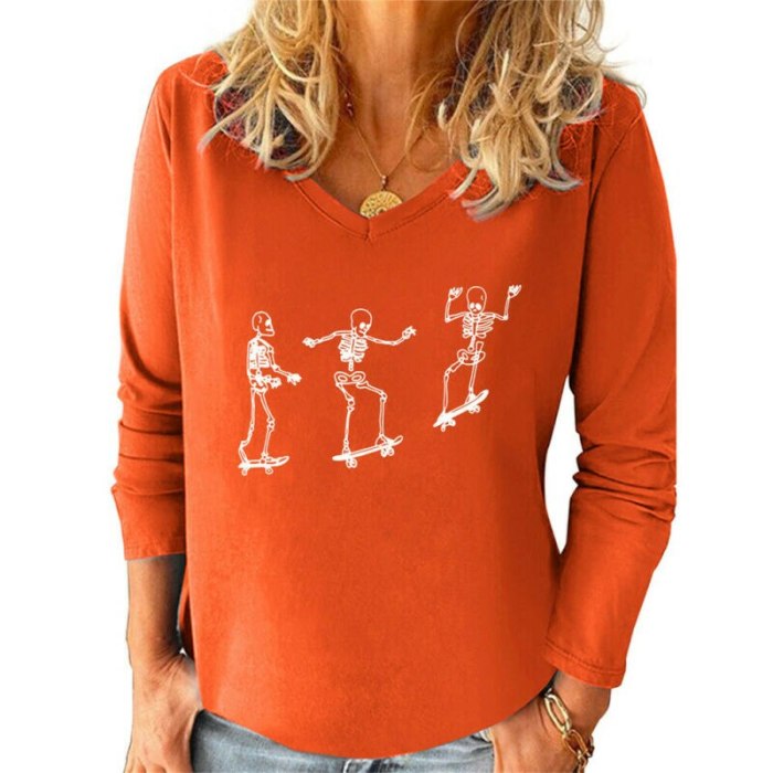 Women T-Shirt V-neck Skateboard Printed Style Long Sleeve Woman T-shirts Halloween Skull Tops