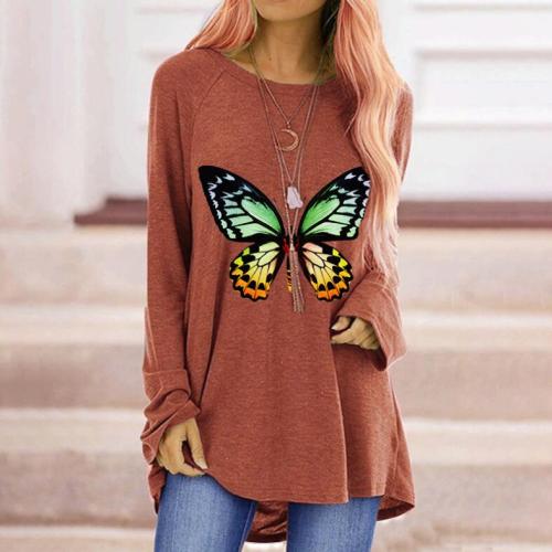 2021 Autumn Top Women O-Neck Colorful Butterfly Printing Long Sleeve T-shirt Street Fashion Hip Hop Casual Loose T-shirt