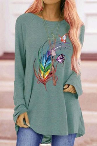 Women's Autumn/Winter Pattern Collar Feather Print Casual Top Loose Round Neck Fashion Sweater Long Sleeve T-shirt