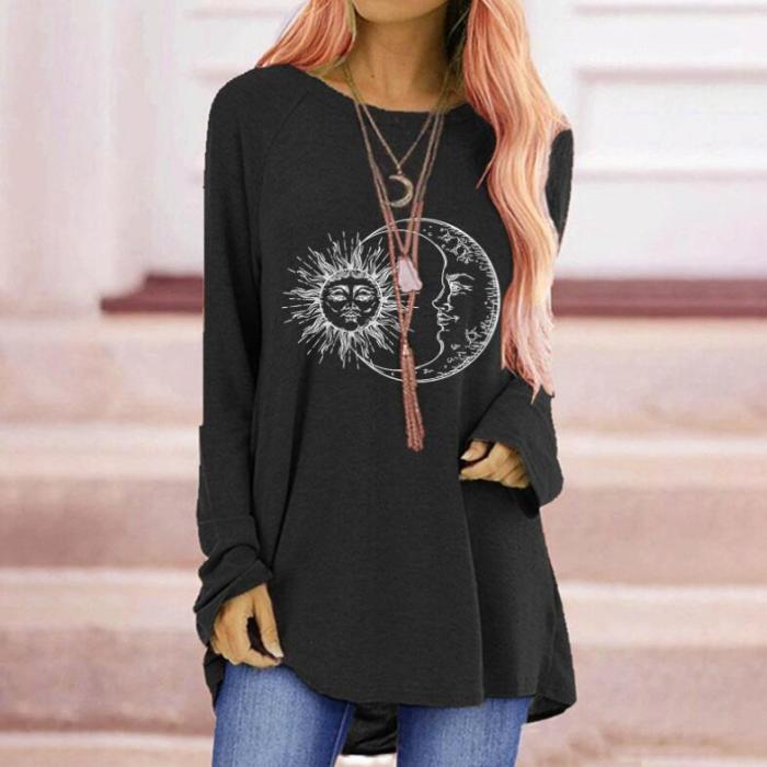 Autumn T-Shirt Women's Fashion Trend Moon sun Printed Round Neck Long Sleeve Casual Tops