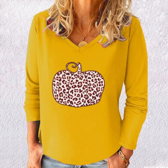 Women's Leopard Pumpkin Halloween Long Sleeve Top Oversized Tee Shirt Women Vintage Graphic Plus Size Female Harajuku Clothing