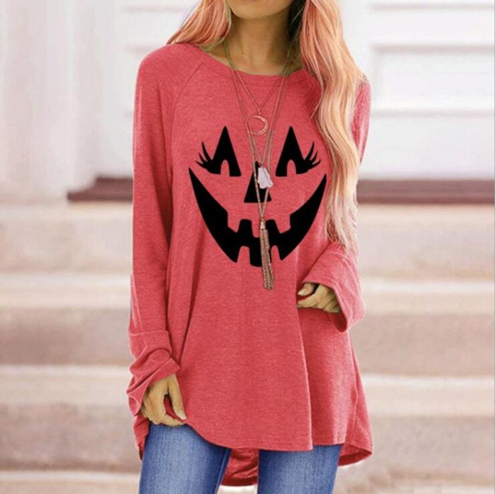 Halloween Shirts Pumpkin Smile Face Print Blouse Women Loose O-neck Oversize Long Sleeve Tops Elegant Fashion Blouse