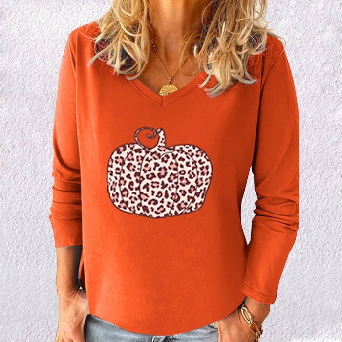 Women's Leopard Pumpkin Halloween Long Sleeve Top Oversized Tee Shirt Women Vintage Graphic Plus Size Female Harajuku Clothing