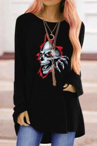 Women's Gothic Red-eye Skull T-shirt New Solid Color Lace Sexy Fashion Long-sleeved Autumn Casual Top