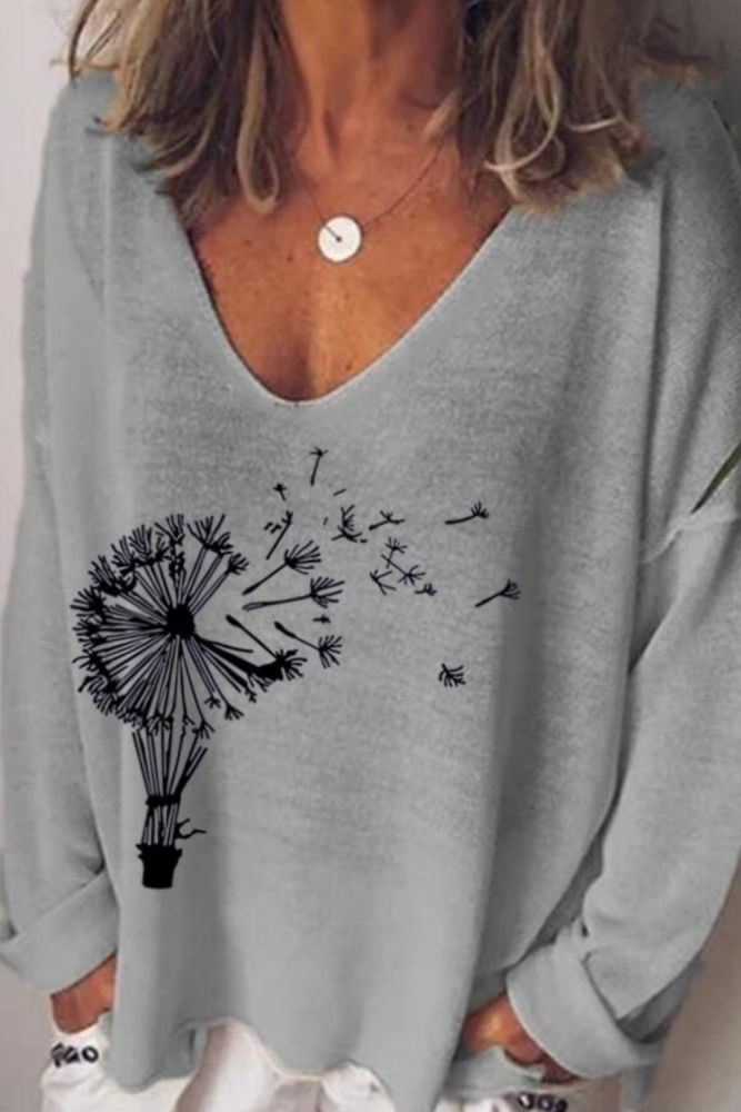 Women T-Shirt Dandelion Printing Summer Autumn Long Sleeve V-neck Casual Plus Size T-shirt Elegant Pullover Tops