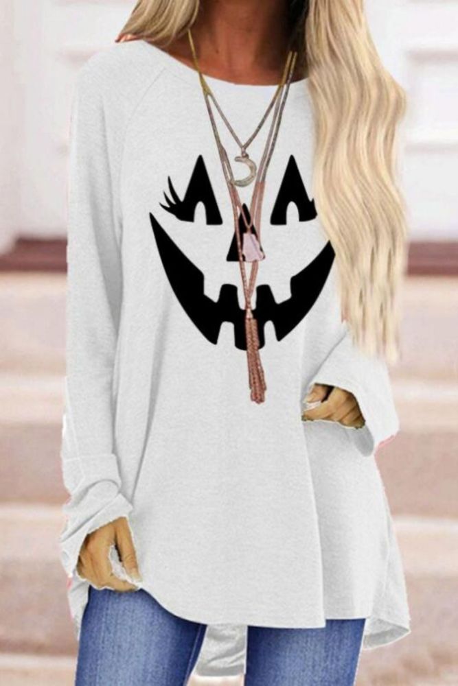 Halloween Shirts Pumpkin Smile Face Print Blouse Women Loose O-neck Oversize Long Sleeve Tops Elegant Fashion Blouse