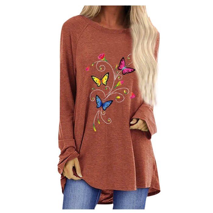 Oversized T-shirt Autumn Women's Colorful Butterfly Print Female Tops Shirt Loose Round Neck Long Sleeve T-shirt clothes Clothing