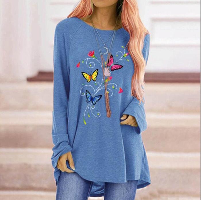 Oversized T-shirt Autumn Women's Colorful Butterfly Print Female Tops Shirt Loose Round Neck Long Sleeve T-shirt clothes Clothing