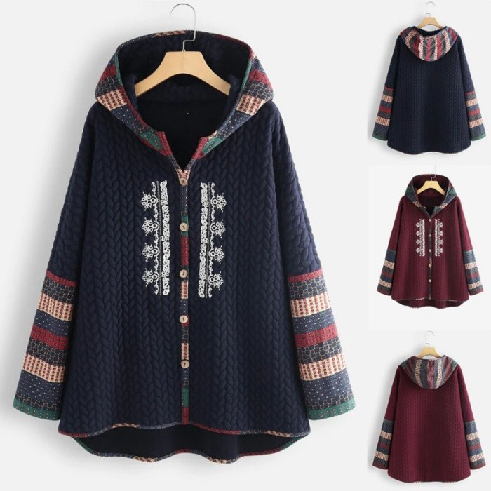 2021 Autumn and Winter New Hooded Single-breasted Ethnic Print Long-sleeved Mid-length Coat Women