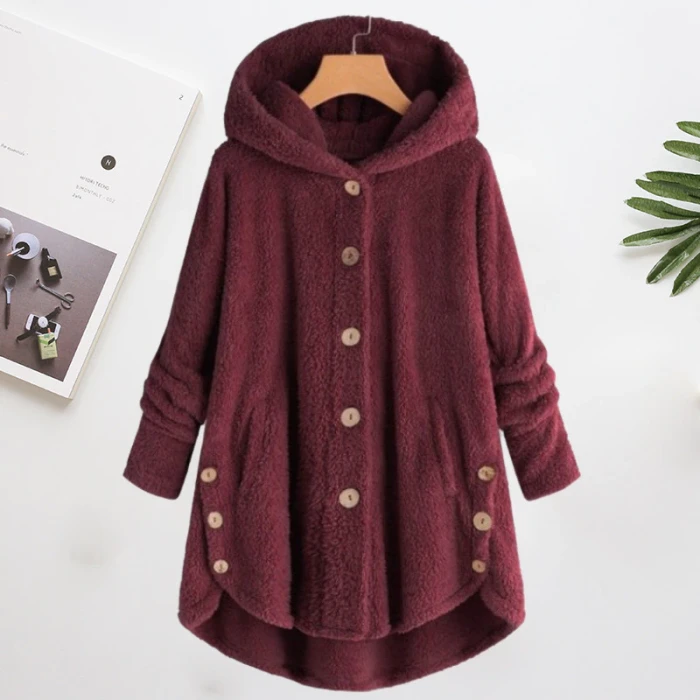 2021 Winter Women Vintage Coats Fashion Warm Solid Color Casual Button Hooded Outwear Plus Size Soft Long Sleeve Wool Coats