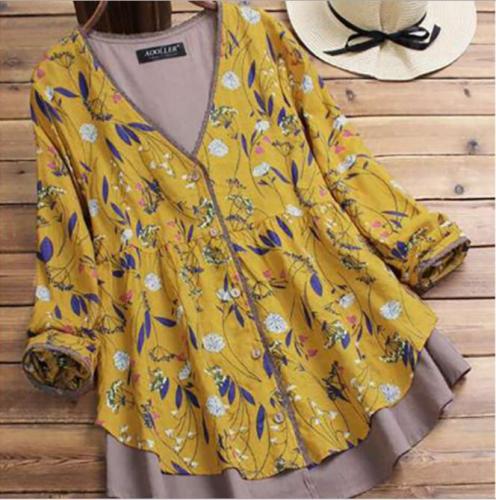 M-5XL Plus Size Blouse Shirt Women Spring Autumn V Neck Long Sleeve Floral Print Patchwork Elegant Blouse Ladies Tops