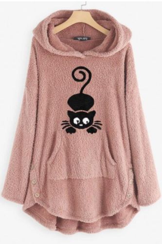 Women Black Cat Embroidery Pocket Coat Fluffy Hooded Plus Size Long Sleeve Winter Warm Pullover Kawaii Hoodies Fleece Sweatshirt