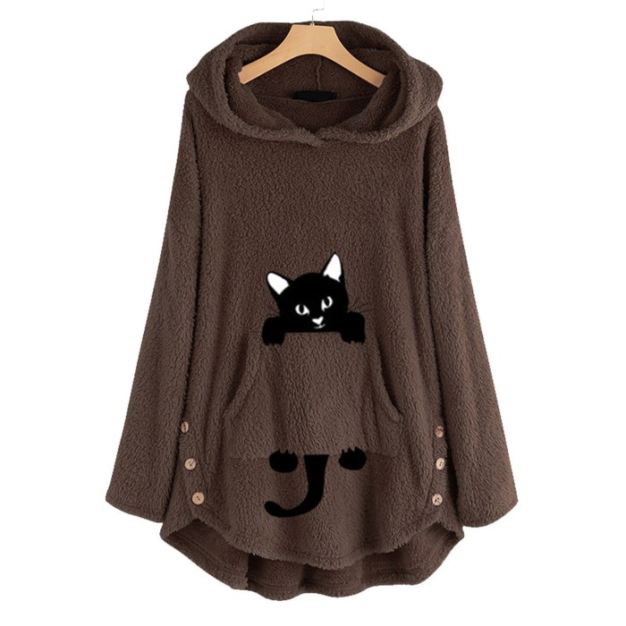 Sweatshirt Women Fleece Cat Embroidery Plus Size Warm Hoodies Causal Top Button Winter Warm Fluffy Plush Sweatshirts