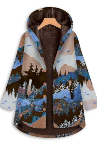 New Ladies Jacket Winter Retro Warm Velvet Jacket Casual Pocket Zipper Hooded Female Jacket Landscape Print Pattern Female Coat