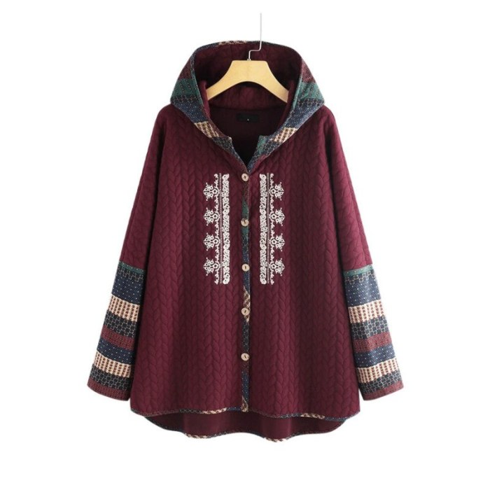 2021 Autumn and Winter New Hooded Single-breasted Ethnic Print Long-sleeved Mid-length Coat Women