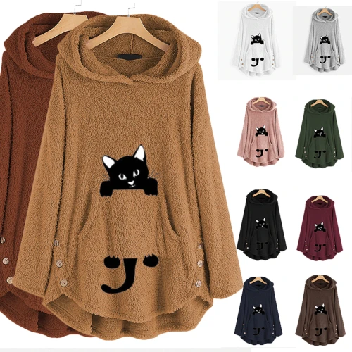 Sweatshirt Women Fleece Cat Embroidery Plus Size Warm Hoodies Causal Top Button Winter Warm Fluffy Plush Sweatshirts