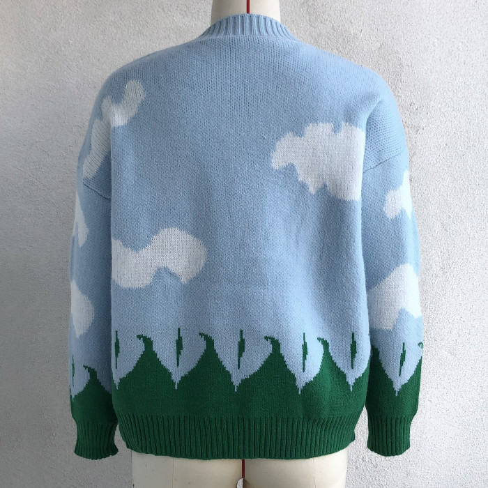 Autumn Winter Jacquard Sweater Jumper Pullovers Women Happy Crewneck sky clouds Knitted Sweater