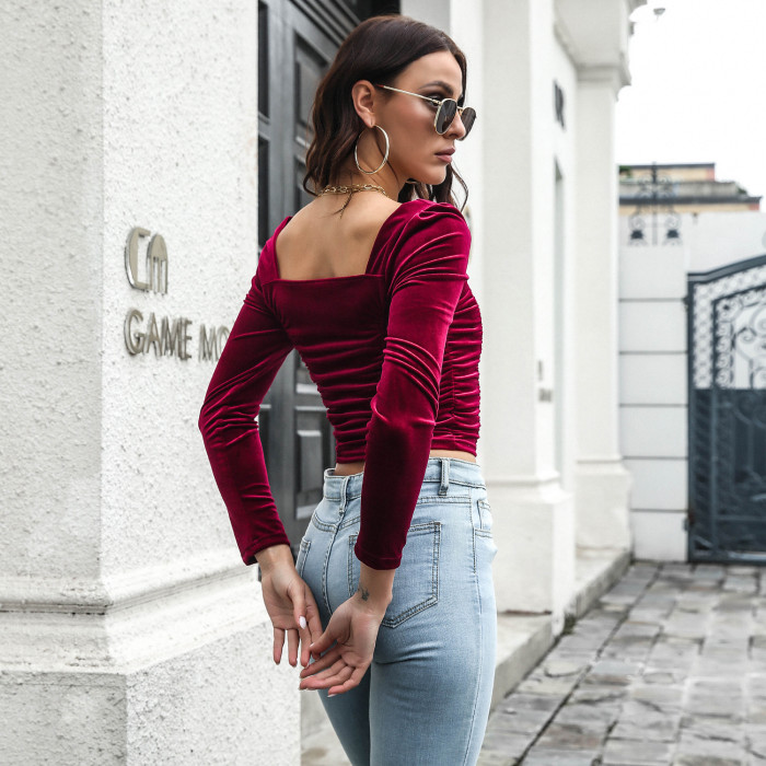 Sexy long puff sleeve bodycon top Fashion women velvet winter autumn backless red top Elegant slim 2021 new top