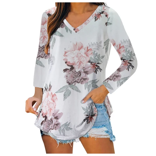 Floral Printed Womens Blouses Long Sleeve V Neck Loose Casual Female T-Shirt Bottoming Casual Vintage Ladies  Clothing