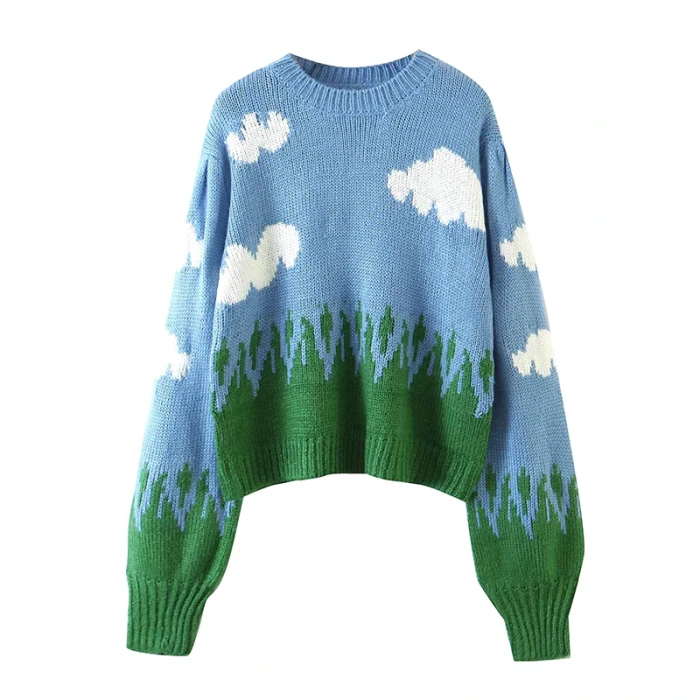 Autumn Winter Jacquard Sweater Jumper Pullovers Women Happy Crewneck sky clouds Knitted Sweater