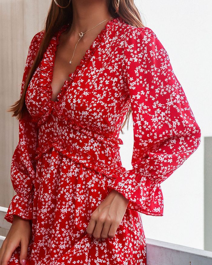 Women Casual Medium Long Sleeve Button Floral Print Chic Dress