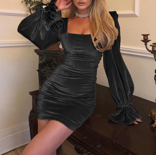 Articat New Satin Puff-Sleeve Ruched Dress For Women Solid Square Collar Sexy Dresses Ladies Streetwear Backless