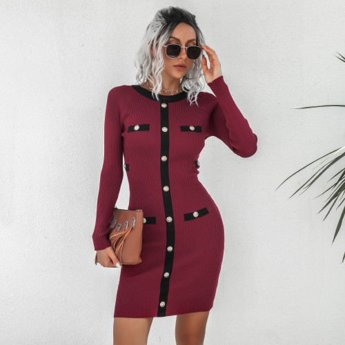 Women Knitted Sheath Dress Spring Office Bodycon Kniting Dress Casual Winter Elastic O Neck Button Retro Sweater Dress