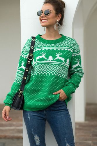 New Year Women's Christmas Sweater Fashion Female Jumper Sweater Long Sleeve Xmas Deer Printed Pullover Tops Sweaters