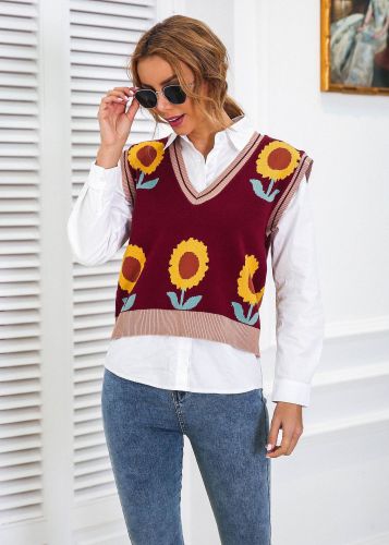 Sweater Vest Women Flower V-neck Colorful Outwear All-match Sleeveless Jumpers Womens Retro Knitted Korean Style Cute Trendy New