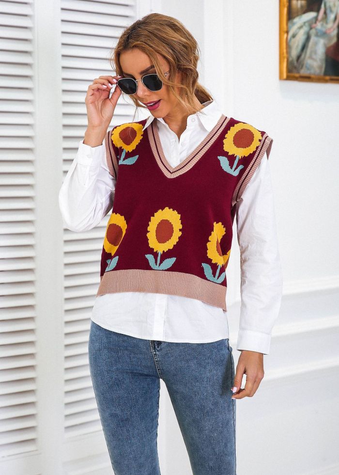 Women Flower V-neck Colorful All-match Sweater Vest