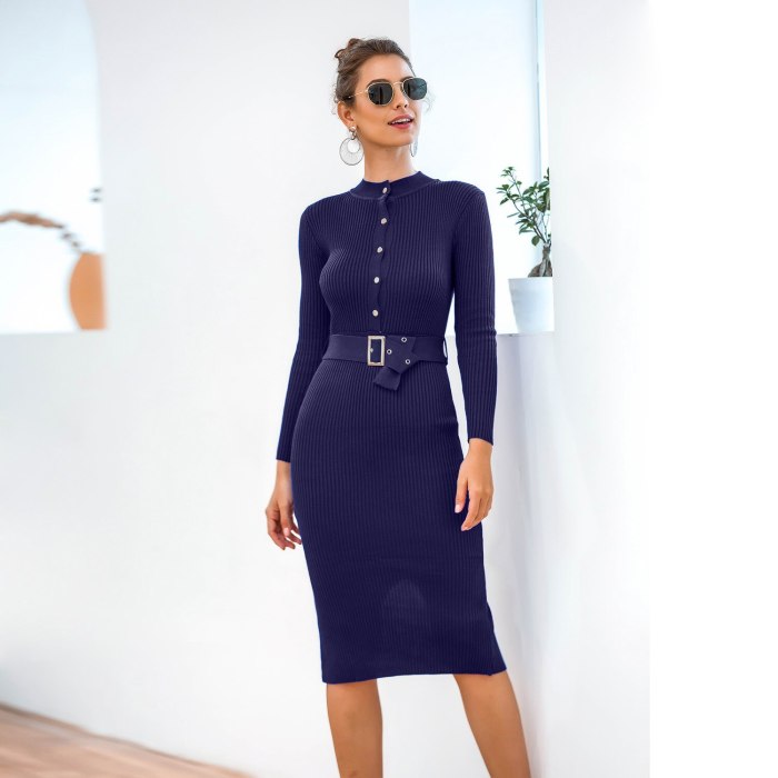2021 European and American women's fall/winter long-sleeved single-breasted knit bag hip sweater dress